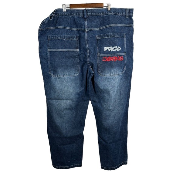 PACO JEANS Blue Denim Streetwear Skate Embroidered Patch Leg Zip Pockets 54x33 - Picture 2 of 14